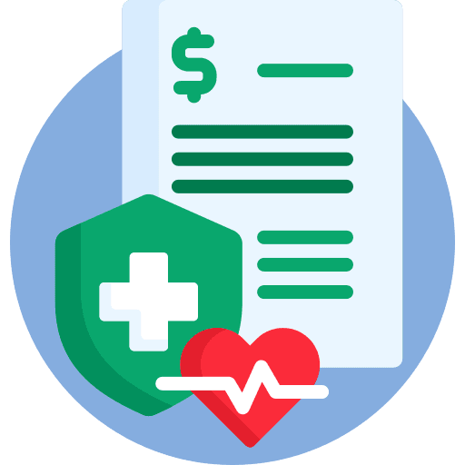 Representacion del Cuidado de la salud con corazón rojo y escudo verde, y de las finanzas con cuenta